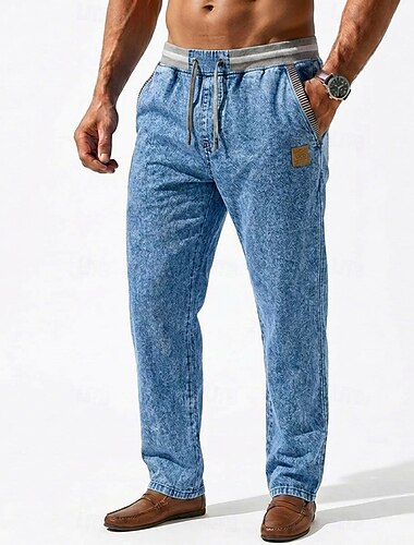  Herren Hose Freizeithose Sommerhose 100% Baumwolle Jeans Kordelzug Elastischer Bund Gerader Schnitt Einfach Komfort Atmungsaktiv Volle Länge Lässig Täglich Outdoor Urlaub Mode Blau Schwarz Unelastisch
