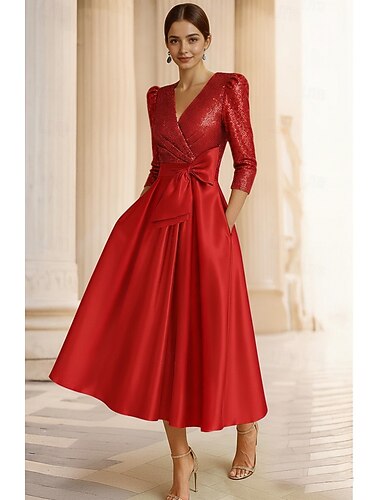 A-Linie Tee-Länge Cocktailkleider Partykleider Elegant Dreiviertelarm V Ausschnitt Gartenparty Hochzeit Stretch Satin Paillettenbesetzt mit Schleife(n)