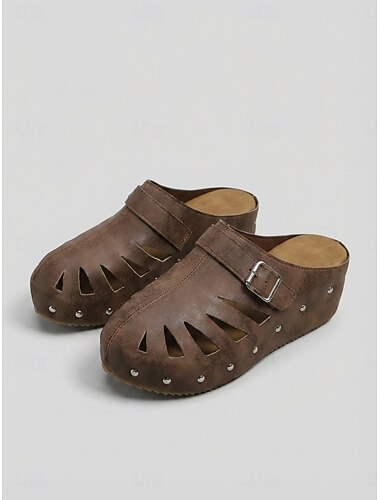  Khaki damesklompen met sleehak en gesloten neus - comfortabele instappers met gesp &Casual schoenen met klinknageldesign, ademende details en uitsparingen, ideaal voor op reis en dagelijks gebruik.