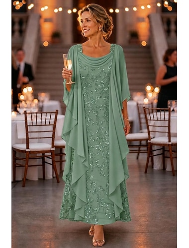  A-linje Ankellengde Kjole til brudens mor Halvlange ermer Øsehals Elegant Årgang Formell Bryllupsgjest Bryllupsfest Chiffon med Perlearbeid Paljett Drapert