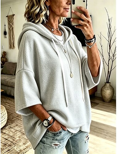  Lässiger Damen-Pullover-Hoodie – weicher 3/4-Kurzarm-Hoodie