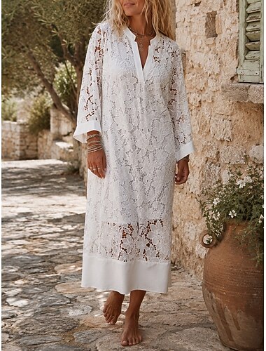  Damen Midikleid Spitzenkleid A Linie Kleid Elegant Täglich Urlaub Lässiger Schnitt Einfarbig Dreiviertelarm V Ausschnitt Weiß Sommer Frühling