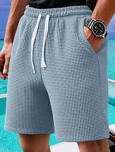  Herren Waffel-Shorts Shorts Sommershorts Freizeitshorts Kordelzug Tasche Elastischer Bund Einfach Komfort Atmungsaktiv Kurz Outdoor Urlaub Sport Lässig Schwarz Weiß Mikroelastisch