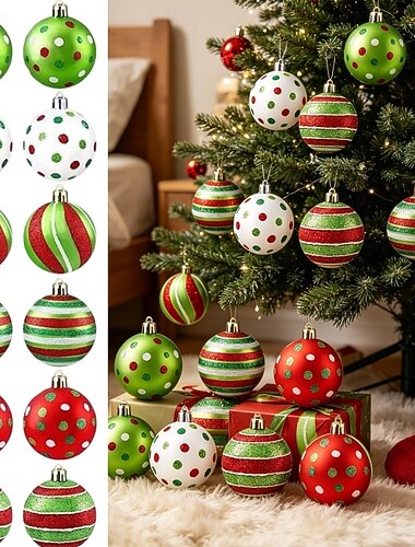  12 stk. julekuler, ornament 2,4 tommer, glitrende hengende julekuler til juletrepynt, virvel, sukkerstang, alvekuler, røde, grønne plastjulekuler til innendørs juledekorasjon