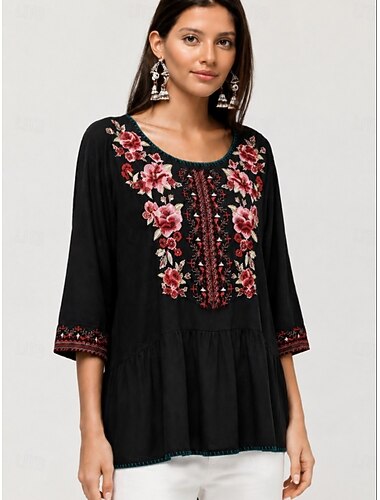  Dámské vyšívané tuniky, 100% bavlna, boho košile s květinovým vzorem, elegantní, bohémský, prázdninový, 3/4 rukáv, kulatý výstřih, dlouhé tílko, ležérní, černá, léto, jaro, podzim, zima