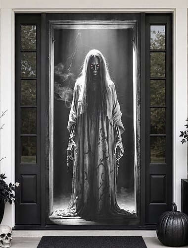  Cubierta de puerta de Halloween, fantasma, segador, esqueleto, chica, decoración de puerta, terror en blanco y negro, artículos para fiestas de casas embrujadas, envoltura espeluznante para puerta