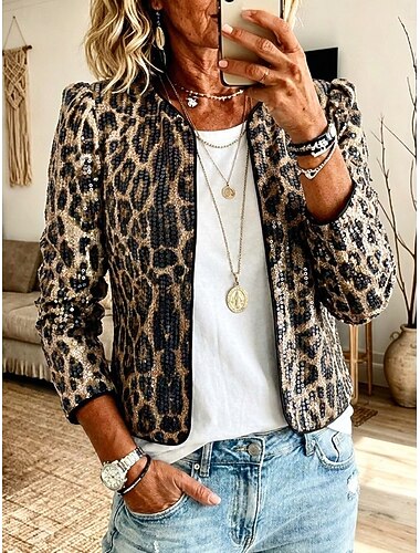  Damen Freizeitjacke Bequem Patchwork Pailletten Mode Outdoor Kurz Kragenlos Normale Passform Langarm Oberbekleidung Leopardenmuster braun Herbst