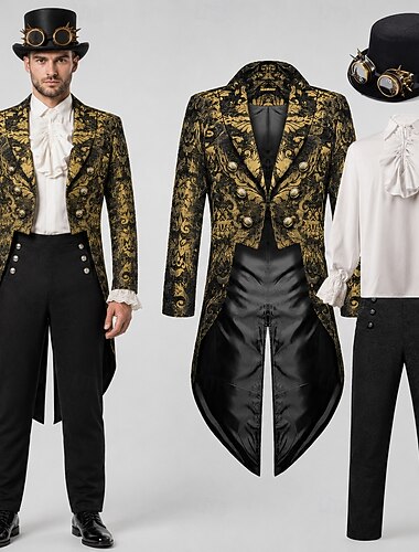  Conjunto con Tailcoat Steampunk Pantalones de Cintura Alta Sombrero de Copa con Gafas Abrigo Retro Medieval Chaqueta Ropa Pantalones de Pierna Recta Disfraz de Hombre Ebenezer Scrooge Duende Fiesta