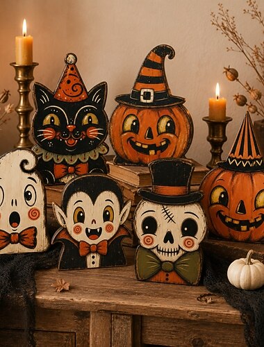  Vintage Halloween-Tischdeko aus Holz mit niedlichen Kürbis-, Geister- und Hexenfiguren, rustikale Herbstdeko für Kaminsims, Regal, Schreibtisch und Etagere