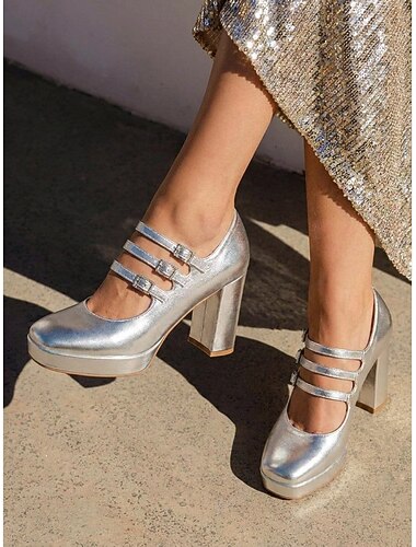  Dampumps i metallic silver med mary jane-motiv - trendiga platåskor med tre remmar och strassspänne, grova blockklackar för cocktailpartyn och utekvällar