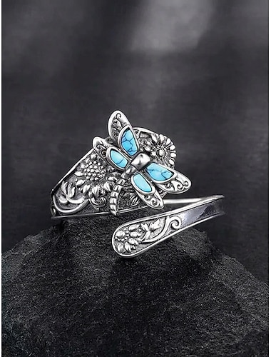  Damesring in bohemian stijl met open libelle, verstelbare statement ring van legering met turkooizen steentje, vintage, op de natuur geïnspireerd sieraad voor vakantie, feestjes, festivals en