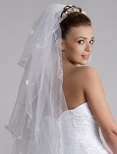 الحجاب الزفاف Three-tier Fingertip Veils Cut Edge 47.24 في (120cm) قماش تول(رقيق شفاف) أبيض عاجيخط-A، فستان عامودي، أميرة، فساتين