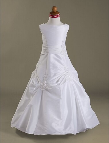 Princess / A-Line Floor Length First Communion / Wedding Party Taffeta Sleeveless Jewel Neck with Pick Up Skirt / Buttons / Appliques