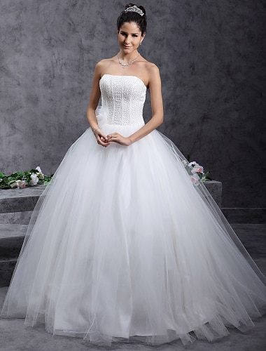 Sala Abiti da sposa Da ballo Senza bretelline Senza maniche Lungo Tulle Abiti da sposa Con Perline Floreale 2024