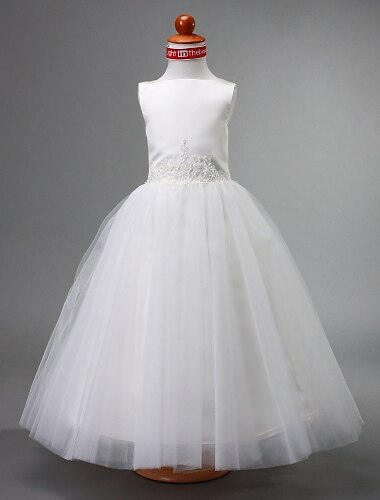 A-Line / Ball Gown / Princess Floor Length Flower Girl Dress - Satin / Tulle Sleeveless Bateau Neck with Beading / Draping by LAN TING BRIDE® / Spring / Summer / Fall / Winter / First Communion