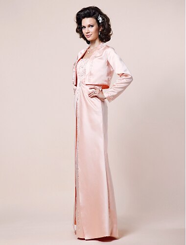 A-Line Mother of the Bride Dress Wrap Included Straps Floor Length Satin Long Sleeve with Beading Split Front 2022