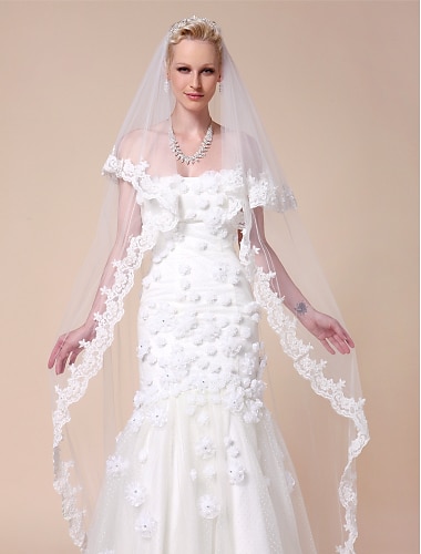 Two-tier Chapel Wedding Veil With Lace Applique Edge