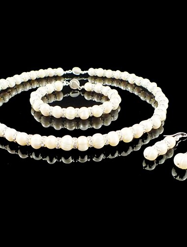 Fresh Water Pearl/ Crystal Wedding Bridal Jewelry Set Including Necklace Bracelet And Earrings