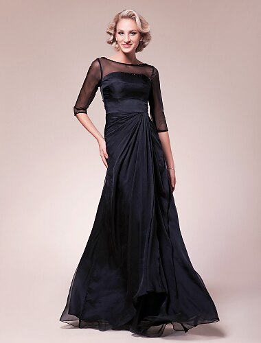 A-Line Mother of the Bride Dress See Through Bateau Neck Floor Length Chiffon Stretch Satin Half Sleeve with Beading Side Draping 2020 / Illusion Sleeve