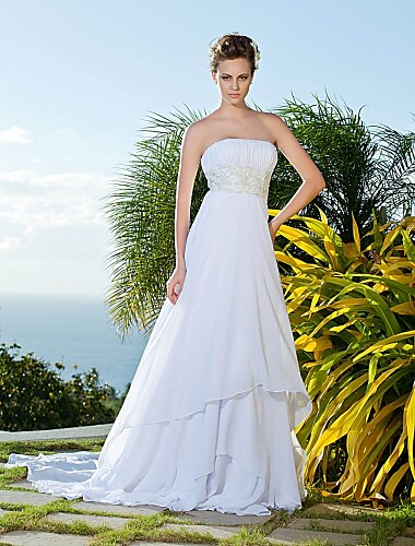 Sheath / Column Strapless Chapel Train Chiffon Made-To-Measure Wedding Dresses with Beading by LAN TING BRIDE®