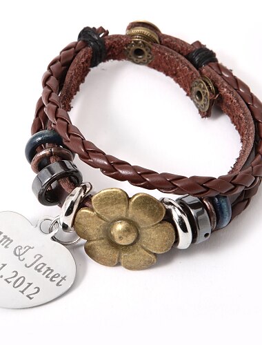 Personalized Charm And Alloy Flower On Leather Bracelet