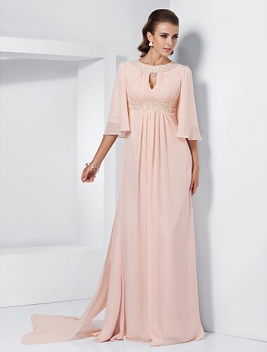 A-Line Special Occasion Dresses Elegant Dress Wedding Guest Formal Evening Sweep / Brush Train Half Sleeve Jewel Neck Chiffon with Beading Draping 2023