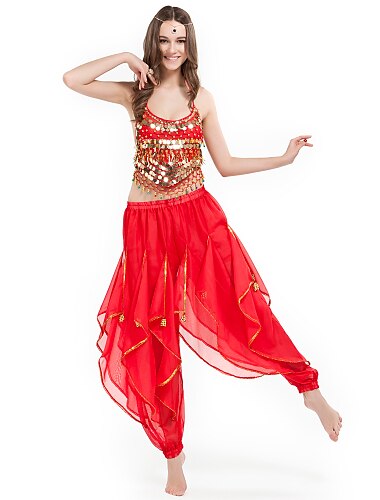 Belly Dance Outfit Belly Dance Coin Beading Women's Performance Sleeveless Natural Chiffon/Belly Dance Costume