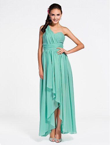 Sheath / Column Bridesmaid Dress One Shoulder / Sweetheart Sleeveless Open Back Asymmetrical / Ankle Length Chiffon with Ruched / Draping / Side Draping 2022