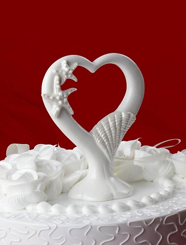 Cake Topper Beach Theme Classic Couple / Hearts Ceramic Wedding / Anniversary / Bridal Shower with Gift Box