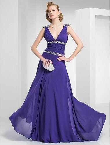 Ball Gown Elegant Dress Prom Formal Evening Sweep / Brush Train Sleeveless Plunging Neck Chiffon with Ruched Beading Side Draping 2023