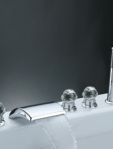 Bathtub Faucet - Contemporary Chrome Roman Tub Ceramic Valve Bath Shower Mixer Taps / Brass / Three Handles Five Holes