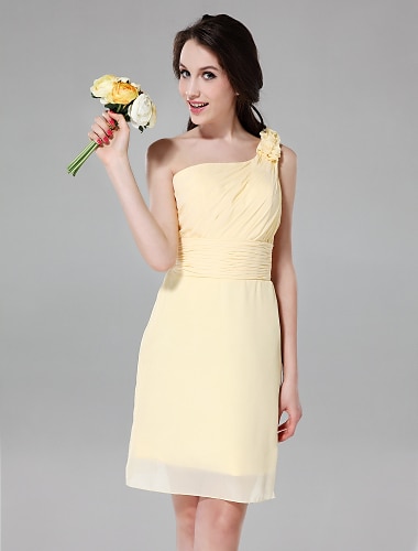 Sheath / Column Bridesmaid Dress One Shoulder Sleeveless Floral Knee Length Chiffon with Ruched / Side Draping / Flower 2022
