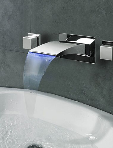  rubinetto del lavandino del bagno a parete, cascata finitura cromata flusso d\acqua fonte di alimentazione a led due maniglie rubinetti da bagno a tre fori con interruttore e valvola calda e fredda