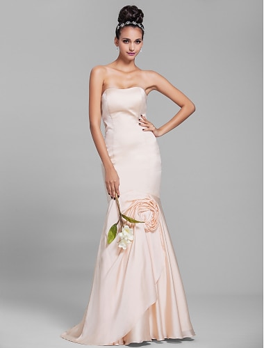 Mermaid / Trumpet Strapless Floor Length Chiffon Bridesmaid Dress with Draping / Flower