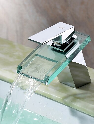  Robinet mitigeur d\'evier de salle de bain avec bec cascade en verre finition chromee monte sur le pont, robinet de lavabo de vasque mitigeurs de baignoire vanite