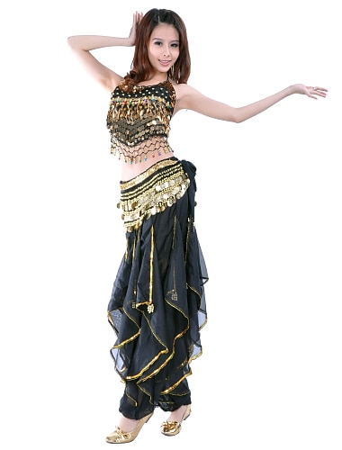  Belly Dance Top Coin Beading Sequin Women\'s Performance Training Sleeveless Natural Chiffon