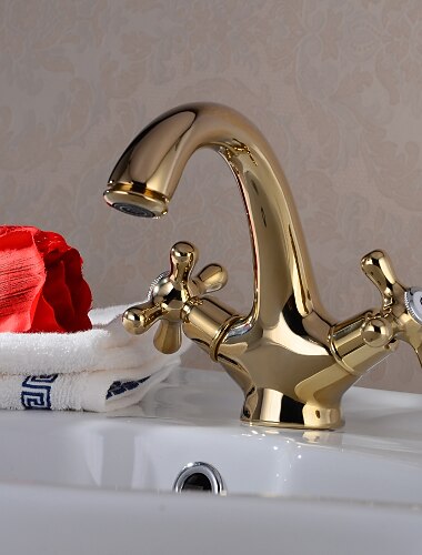  صنبور حوض الحمام النحاسي ، مجموعة مركزية ti-pvd بمقبضين ، صنابير حمام بفتحة واحدة مع مفتاح بارد وساخن