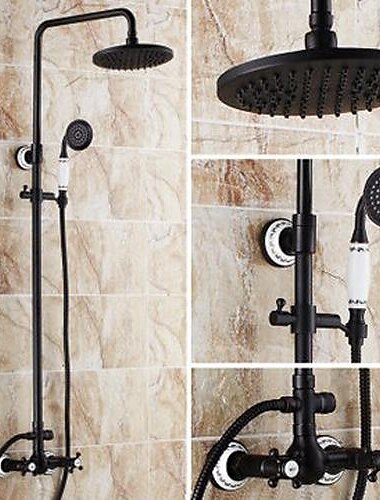 set sistem de duș cu două mânere, robinet din alamă neagră, cu trei găuri, baterii de duș de înaltă presiune, electroplatate, reglabile, cu duș cu efect de ploaie și duș manual