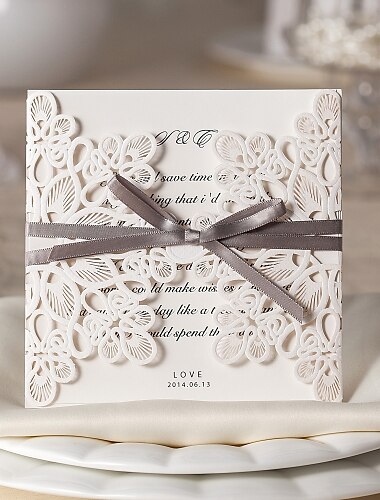 Plis Fenêtre Invitations de mariage Cartes d'invitation Style floral Papier durci 15*15cm Nœud Ruban