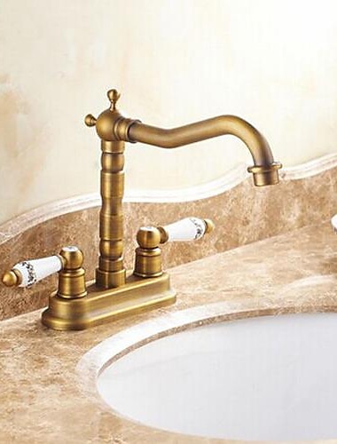  Antique Brass Bathroom Sink Faucet,Centerset Centerset Two Handles Two HolesBath Taps with Hot and Cold Switch