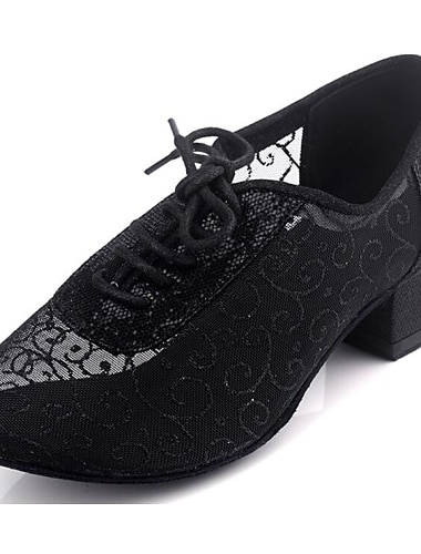  Women\'s Ballroom Dance Shoes Practice Shoes Latin Salsa Dance Line Dance 2022 Heel Lace Tulle Low Heel Lace-up Ankle Strap Black Silver Coffee