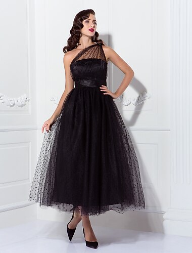 μαύρο φόρεμα σε γραμμή κοκτέιλ vintage φόρεμα αποκριών αμάνικο με έναν ώμο Τετάρτη addams οικογενειακό τούλι με πιέτες μοτίβο / στάμπα 2024