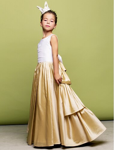A-Line / Princess Floor Length Flower Girl Dress - Taffeta Sleeveless Jewel Neck with Bow(s) / Ruched / Flower by