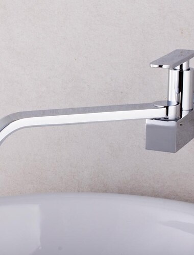  ברז כיור מטבח נחושת, מפל כרום נרחב מסתובב ידית אחת חור אחד ברזי מטבח עם שסתום קרמי מים קרים בלבד