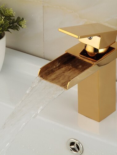 Grifo para lavabo de baño: juego central de cascada ti-pvd de un orificio/grifería monomando de un orificio para baño