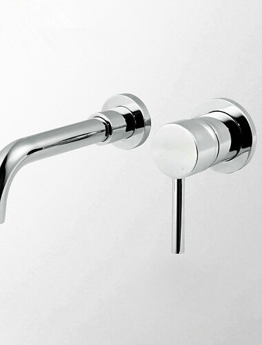  Brass Bathroom Sink Faucet,Silvery Wall Mount Chrome Single Handle Two Holes Bath Taps with Hot and Cold Switch