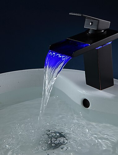  messing badkamer wastafel kraan, waterval olie-gewreven brons enkel handvat een gat waterstroom led stroombron badkranen met zinklegering handvat materiaal, keramische klep, en koud/warm schakelaar