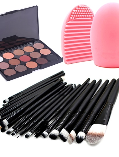 20 Pcs Makeup Brush Set Powder Foundation Eye shadow Eyeliner Lip Cosmetic Brushes with 15 matte Colors Eyeshadow Palette Blender Sponge and Brush Cleaner  