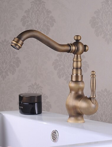  Antique Brass Bathroom Sink Faucet,Single Handle One Hole Traditional Bath Taps with Hot and Cold Water and Ceramic Valve