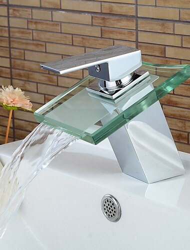  Bacia de banheiro com cascata de vidro cromado moderna torneiras de banho de um furo com interruptor de agua quente e fria